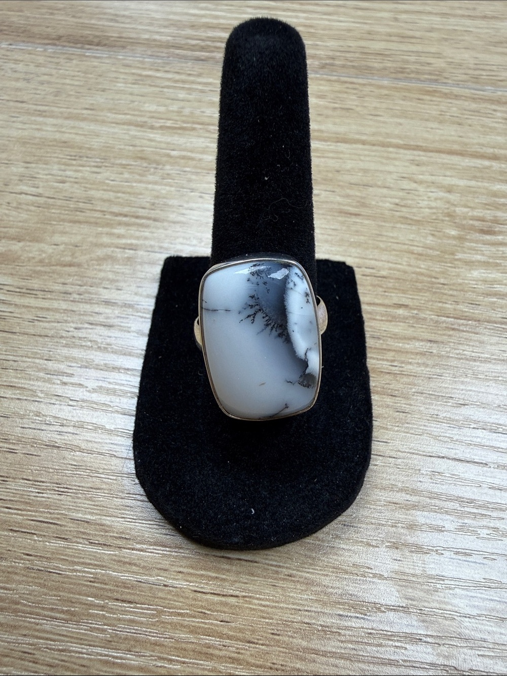 Handcrafted Sterling Silver and White and Black Dendritic Opal Statement Ring